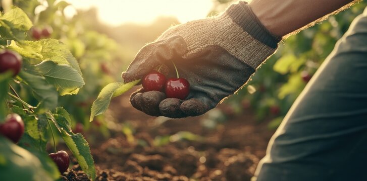 A hand in a glove holds ripe cherries while harvesting in a sunlit garden. - Powered by Adobe