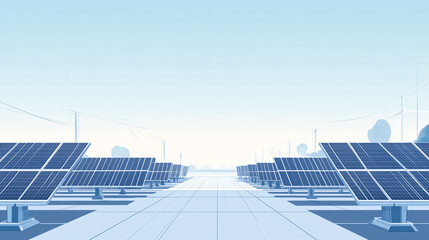 Minimalist line illustration of a futuristic solar power plant with large photovoltaic panels under a clear sky, showcasing renewable energy. 