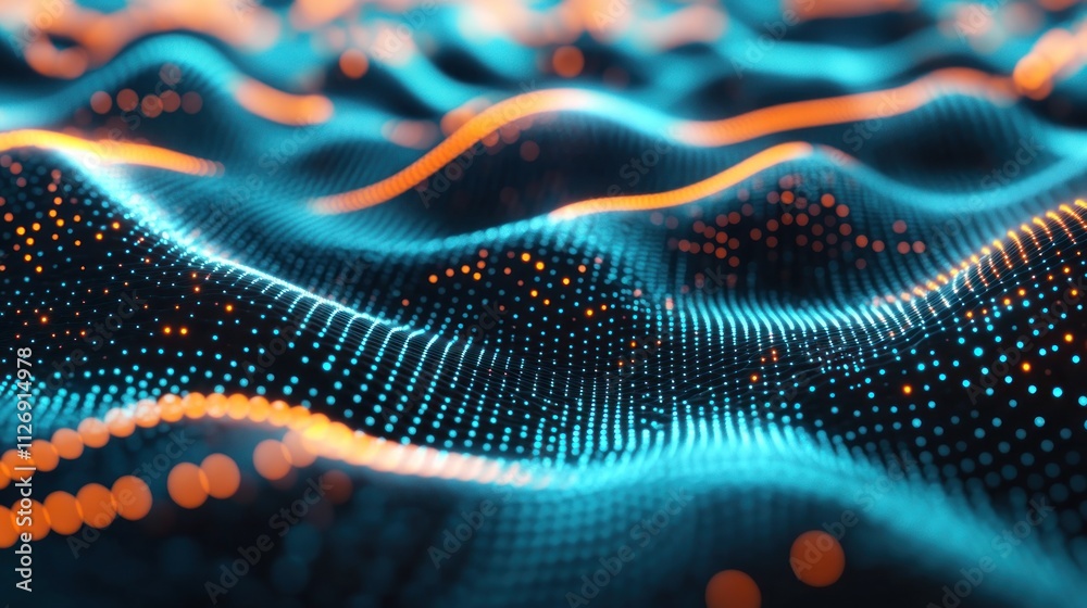 Wall mural abstract digital waves with glowing dots in blue and orange, representing data visualization.