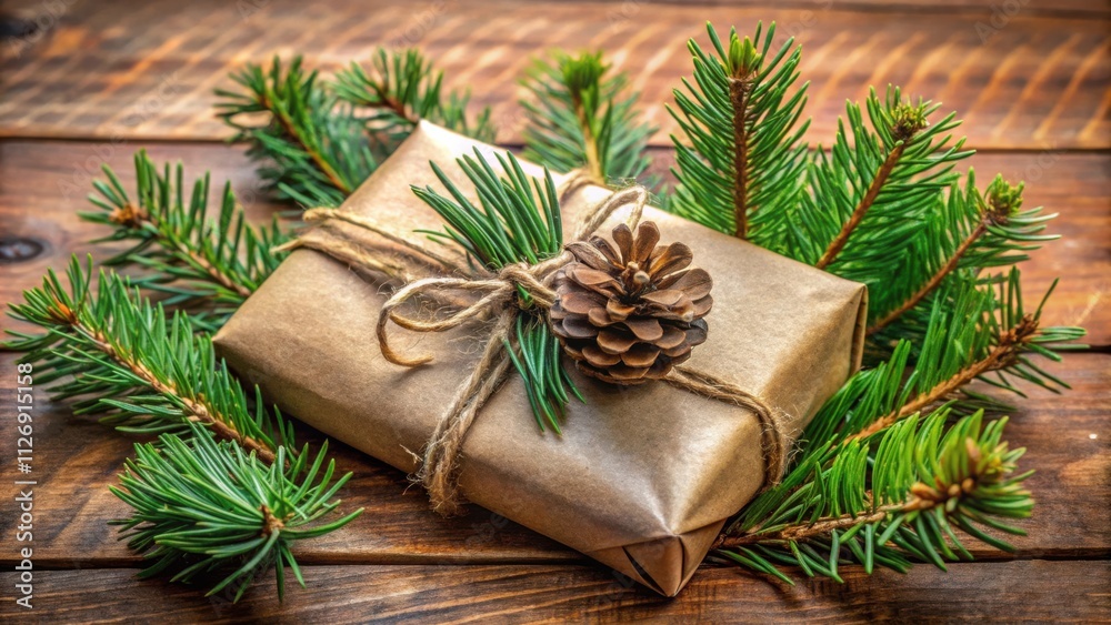 Poster A rustic brown paper gift wrapped with twine and adorned with a pine cone and pine branches resting on a wooden surface.