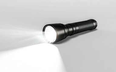 A photorealistic illustration of a powerful flashlight emitting a bright beam, its focused light cutting through the darkness, isolated on a pure white background 