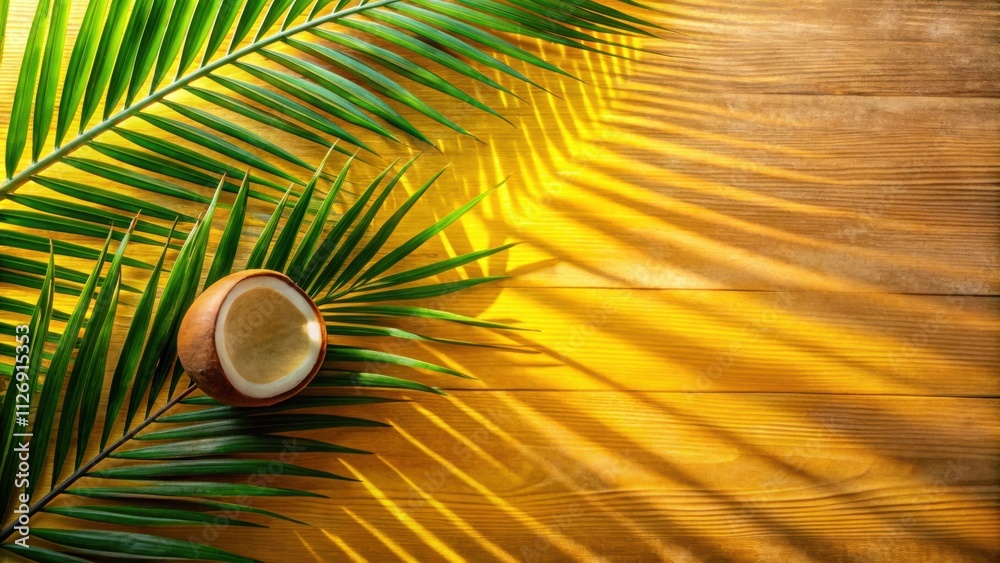 Aufkleber a single halved coconut shell resting on a frond of palm leaves with long shadows cast upon a wooden