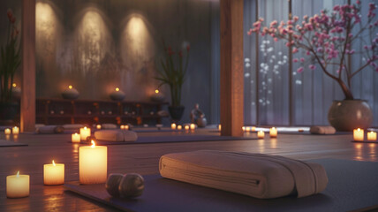 A candlelit yoga studio sets the mood for serene classes, with an instructor guiding participants through mindful poses in a zen-like atmosphere for deep relaxation.