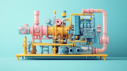 Fototapeta premium A colorful, stylized industrial machine featuring pipes, valves, and various components against a light blue background.
