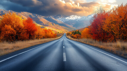 Fototapeta premium Autumn Road Through Vibrant Fall Forest