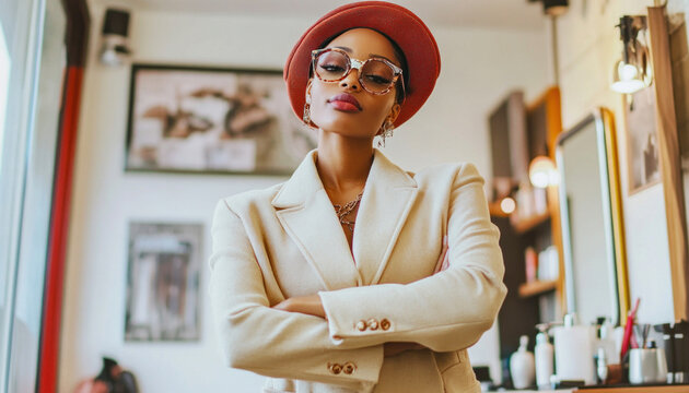 Confident black businesswoman wearing stylish hat and glasses posing with folded arms
