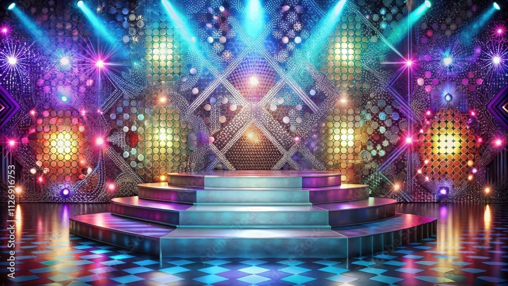 Poster a futuristic stage design with a circular platform illuminated by vibrant lights and a dazzling geom