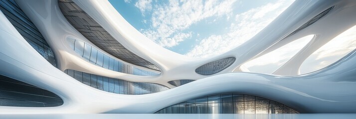 Naklejka premium A futuristic architectural design with fluid forms and expansive glass surfaces under a bright sky.