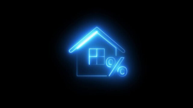 Glowing neon line House with percent discount tag icon on isolated black background. various color home percentage sign price.