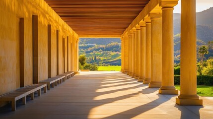 A sunlit corridor with columns and benches, leading to a scenic landscape.