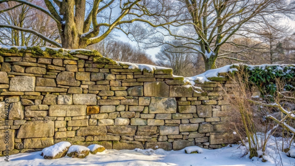 Poster a rustic stone wall with moss and snow, framed by bare branches of trees in winter