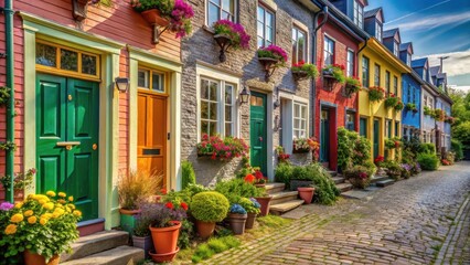 A row of colorful houses with bright doors and window boxes overflowing with flowers, nestled on a cobblestone street