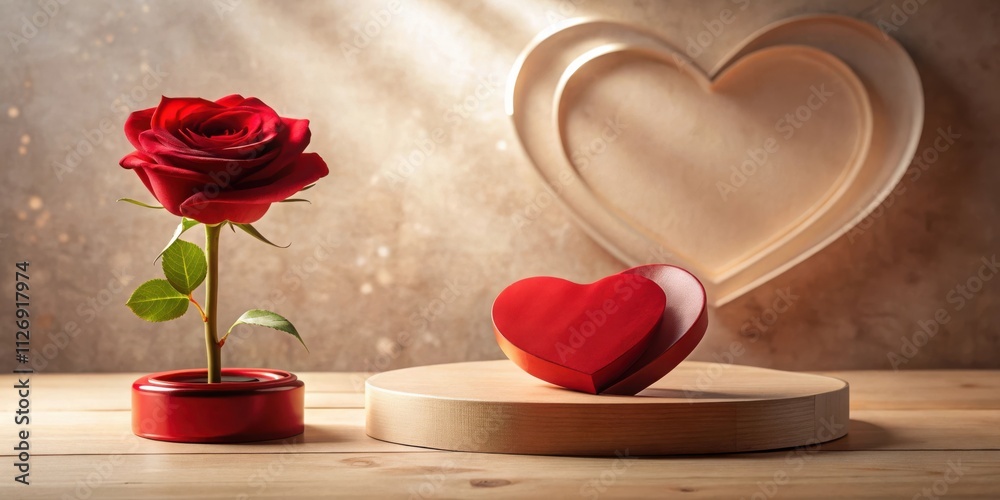 Poster A single red rose in a heart-shaped vase with a heart-shaped box open next to it on a wooden surface, surrounded by a soft golden glow.