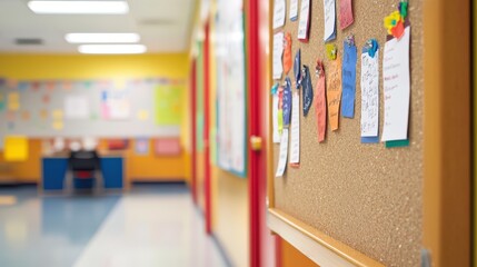 Brightly Colored Classrooms with Cork Bulletin Boards Showcasing Student Artwork and Notes in an Engaging Educational Environment