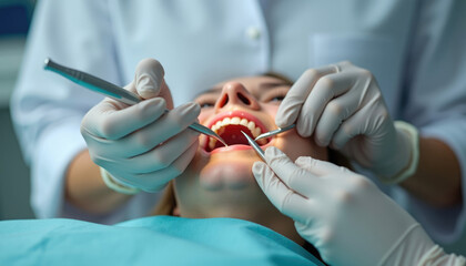 Dental checkup  A patient's mouth is examined using dental tools by dentists wearing gloves.