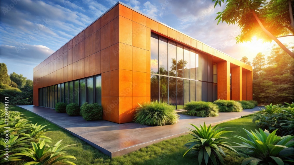 Poster A modern building with a rust-colored facade and large windows, surrounded by lush greenery and a sunny sky.