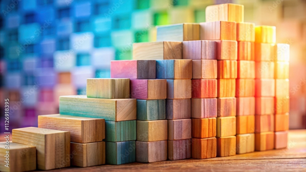 Aufkleber a colorful staircase made of wooden blocks arranged in a pyramid shape on a wooden table