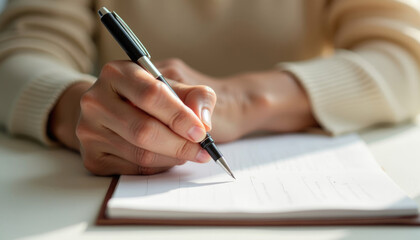 A person's hand holding a pen  writing in a notebook  sunlight illuminating the scene.