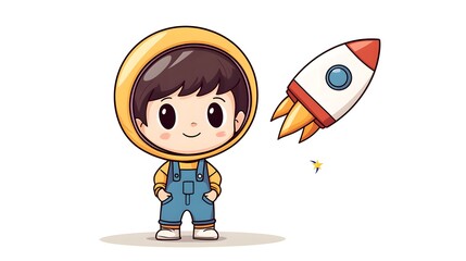 A child in overalls pretending to be an astronaut, with a rocket