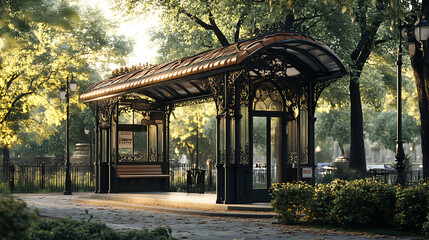 Obraz premium A classic vintage-style bus stop with ornate wrought-iron detailing, tiled roofing, and a small garden nearby. The composition is warm and inviting