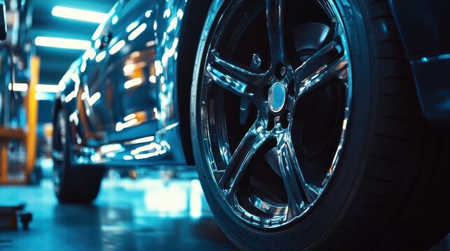 Close-up of a shiny car wheel in a workshop setting.