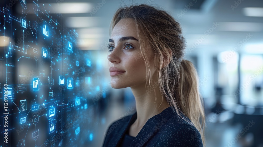 Wall mural Woman contemplating technology and digital connections.