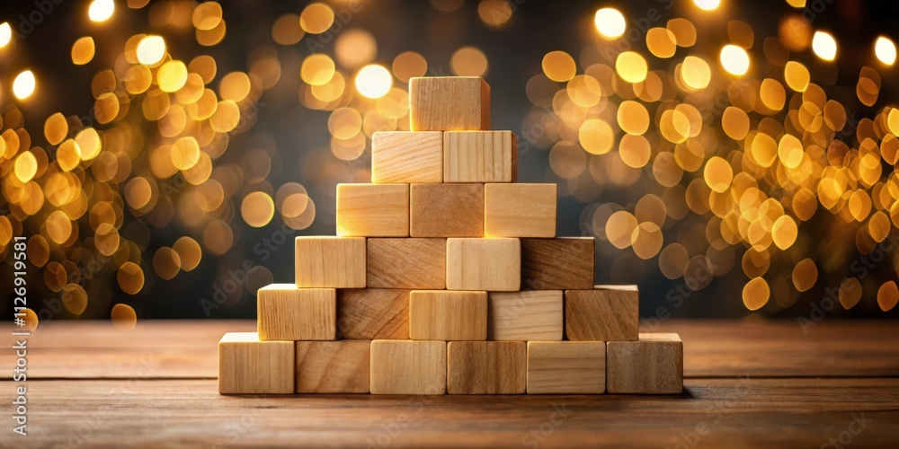 Aufkleber Wooden blocks stacked in a pyramid shape, illuminated by warm bokeh lights, creating a visually appealing arrangement.