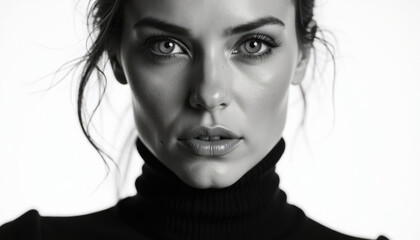 Intense eyes and subtle makeup on woman in turtleneck.