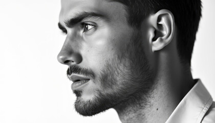 Obraz premium Intense black and white profile portrait of man with stubble.
