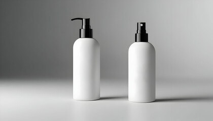 Two cylindrical white cosmetic bottles, one with a pump dispenser and the other a spray nozzle, are displayed on a gray background. Minimalist product packaging design.