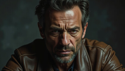 Fototapeta premium Close up portrait of a serious middle aged man in a brown leather jacket.