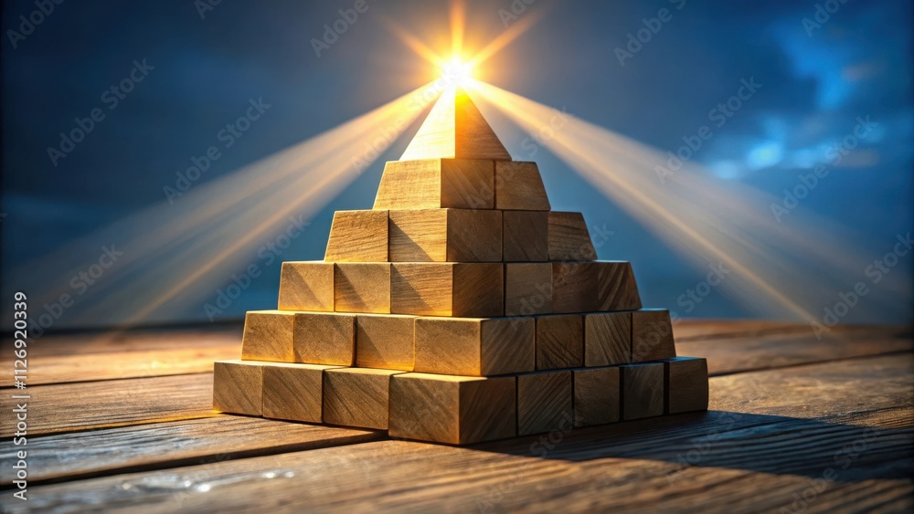Poster a wooden pyramid bathed in sunlight, symbolizing a structured path to success and achieving goals