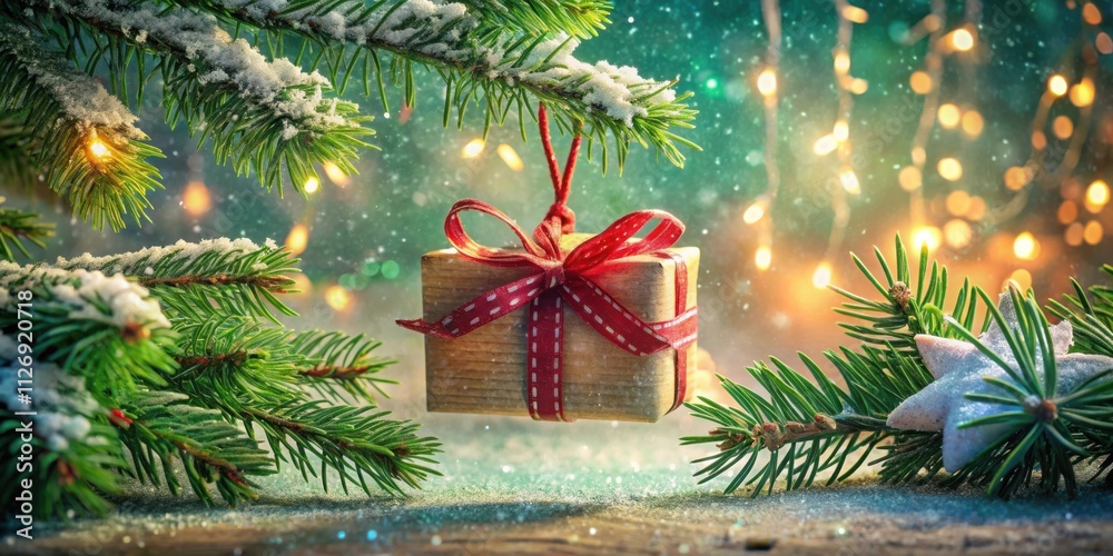 Poster a festive gift box with a red bow hangs from a snow-covered evergreen branch, illuminating the surro