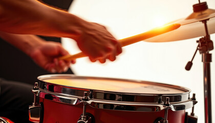 Obraz premium Close up of a drummer's hands playing a red snare drum with drumsticks.