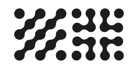 Connected dots signs. Innovation abstract symbol set. Connected blobs. Metaballs transition. Circles organic patterns. Metaball icon. Point movement. Flat logotype.