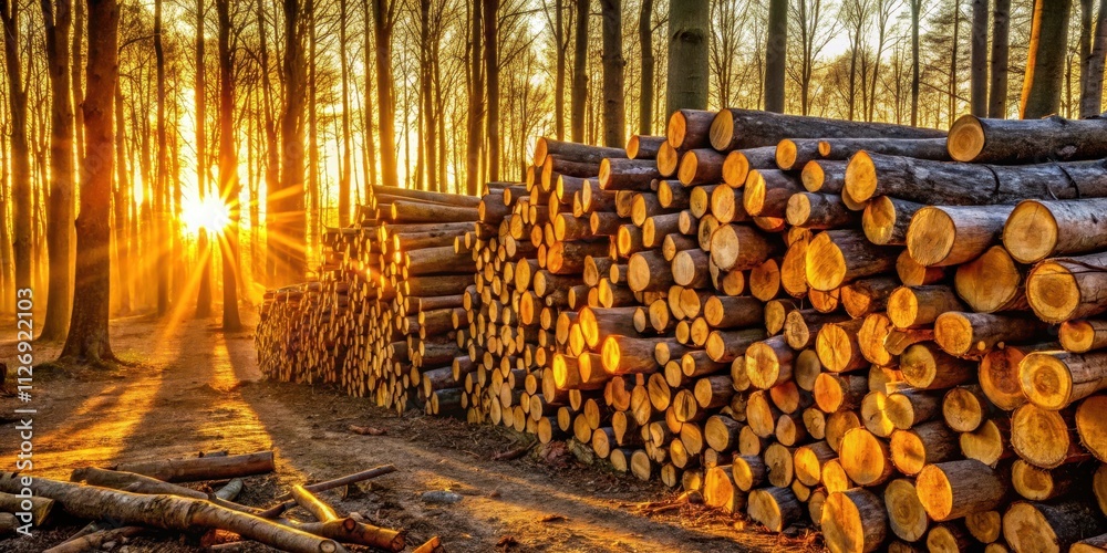 Aufkleber golden rays of sunlight illuminate a towering stack of logs, casting long shadows across the forest 