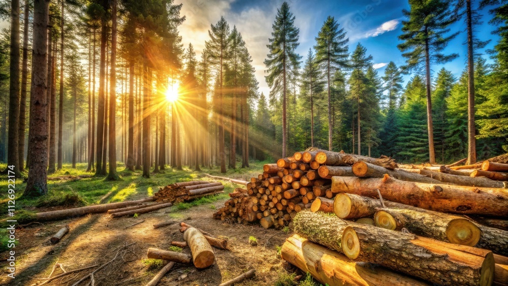 Poster Golden sunlight filtering through tall trees illuminates a forest floor scattered with logs, a testament to the cyclical nature of life and resource management.