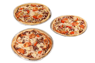 Tasty pizza with salami, sausages, cheese, onions and sauce.