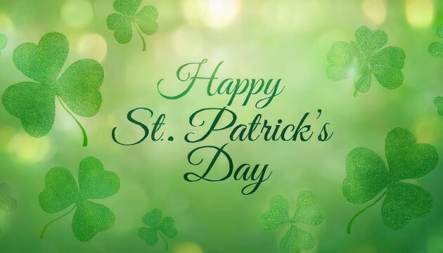 Glittering Green Shamrocks and a Festive ‘Happy St. Patrick’s Day’ Greeting on a Vibrant Bokeh Background. Perfect for Holiday Celebrations, Greeting Cards, Social Media Posts, or Party Invitations - Powered by Adobe
