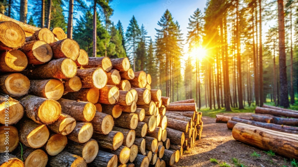 Poster stacked logs illuminated by the golden rays of a setting sun in a dense pine forest