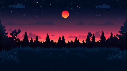 Silhouetted Forest at Night Under a Red Moon