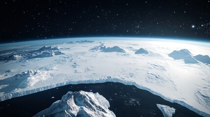 Ultra detailed, photorealistic image of Earth from space with a view of a massive storm system swirling over the ocean