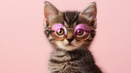cute cat. A cute kitten wearing stylish pink glasses against a pink background, exuding charm and playfulness.