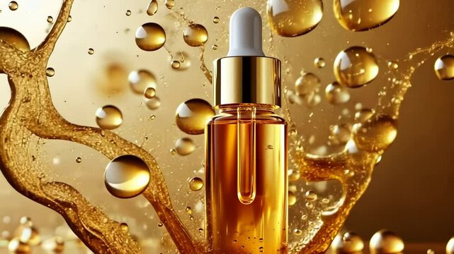 Skin care serum bottle on golden background. Beauty product for face moisturizing. Natural oil mockup. Facial lotion with glass dropper mock up. Gold Bubbles. Luxury skincare routine. Cosmetics.