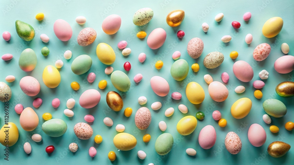 Poster A vibrant pastel background features a multitude of Easter eggs in various colors and patterns, playfully scattered amongst a cascade of colorful candy.