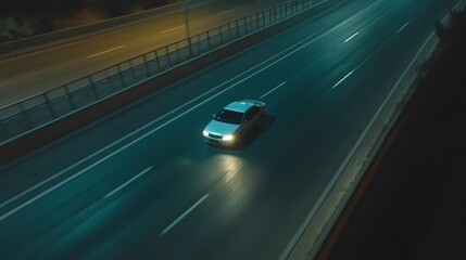 Car Driving on Empty Road at Night with Dramatic Lighting Effects