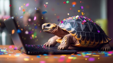 Playful turtle celebrating a milestone with a laptop adorned in colorful confetti in a cheerful indoor setting