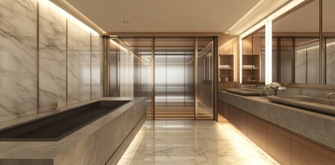 Obraz premium Modern bathroom design featuring marble finishes and wooden accents.