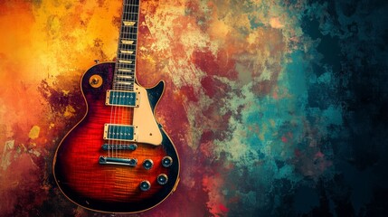 The banner of the rock band concert. Electric guitar on a colorful grunge background
