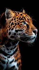 Obraz premium A detailed portrait of a jaguar showcasing its striking features and patterns.
